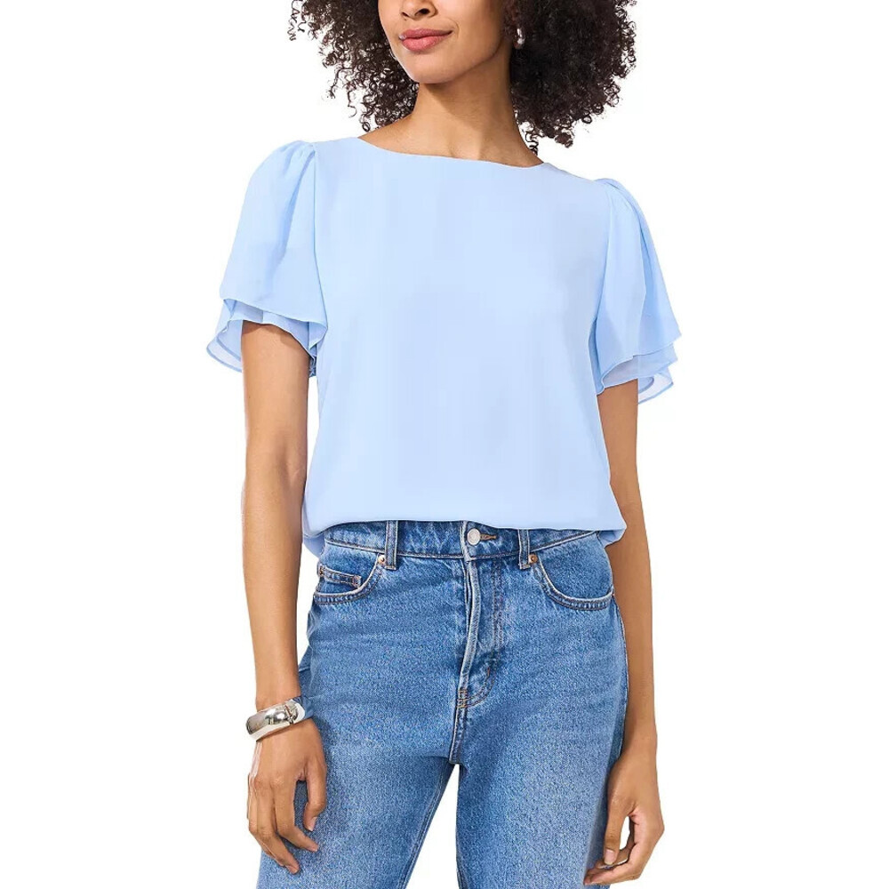 Vince Camuto Blouse Top Womens M Sky Layered Flutter Sleeves Boat Neck UPS651